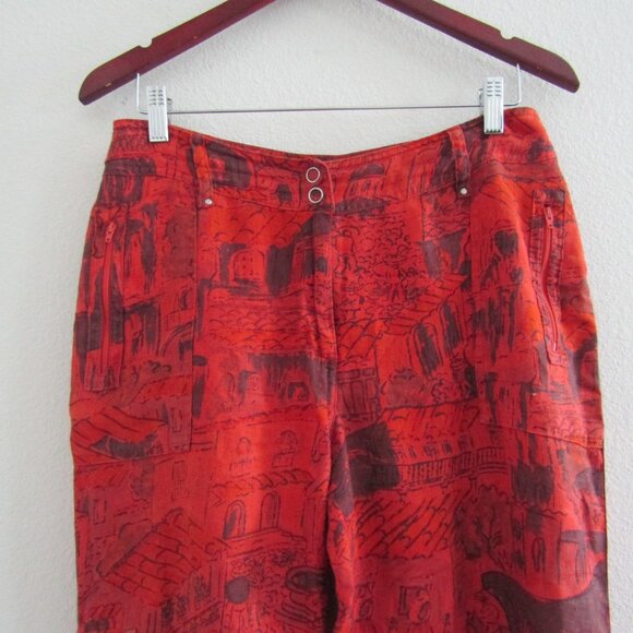 Chico's Vintage Linen Pants 1 Red Printed Coastal Artsy Cargo Boho Lagenlook - Picture 2 of 12